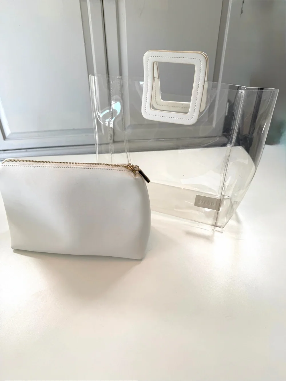 STAUD Shirley Clear PVC Tote White Leather Pouch Transparent Designer Bag